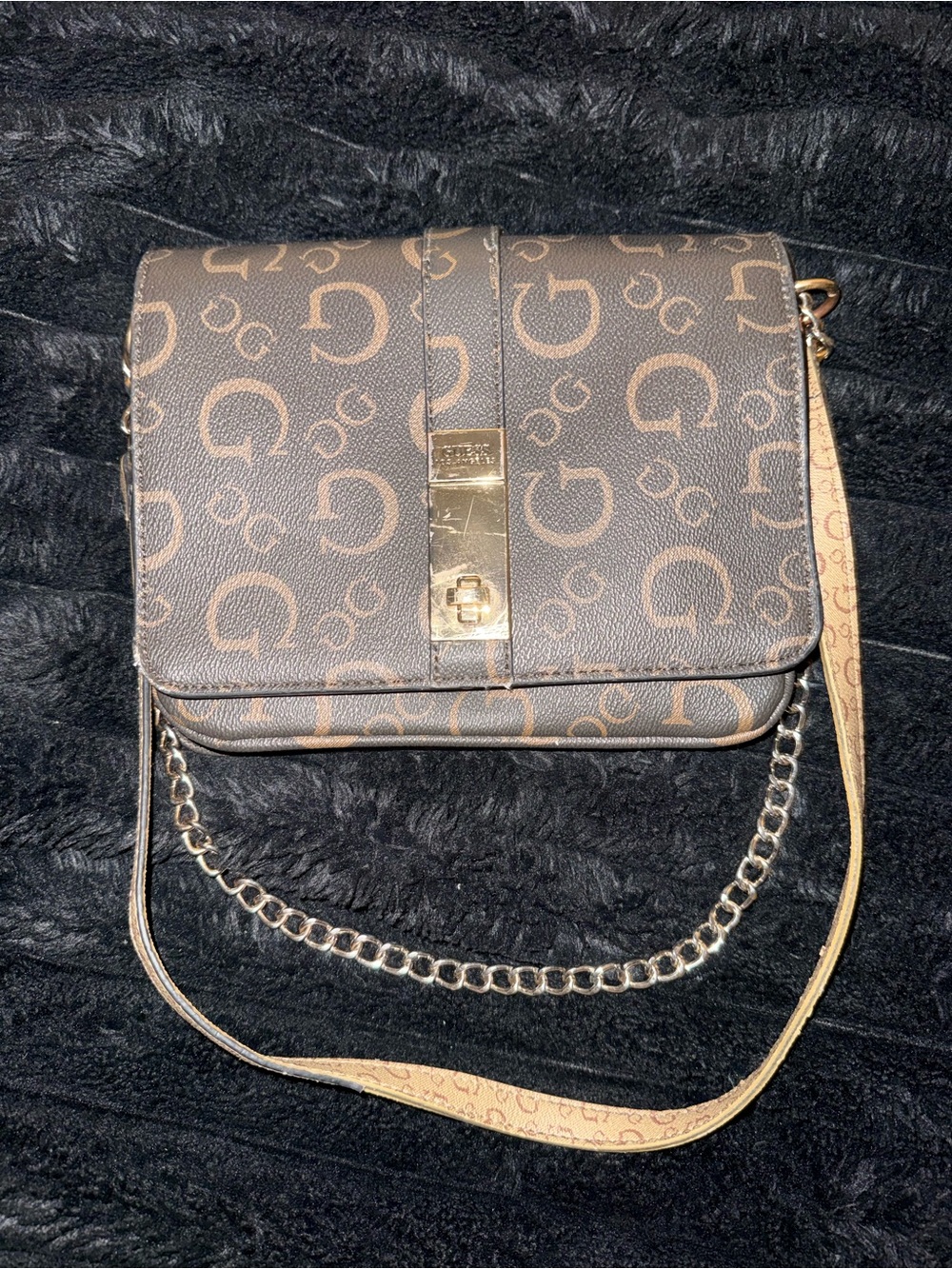 G by Guess Brown Monogram Crossbody with Gold Hardware